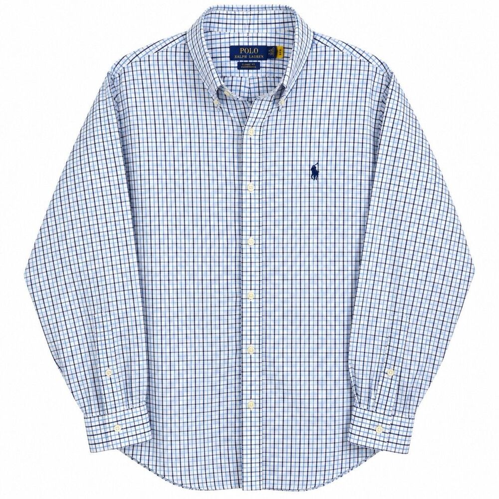 Polo Ralph Lauren Mens Large Classic Fit Performance Blue Check Coolmax Shirt